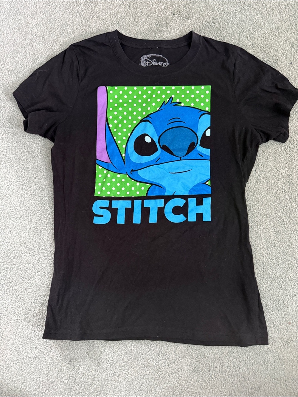Disney Black Tee with Blue Stitch & Green Polka-Dot Panel